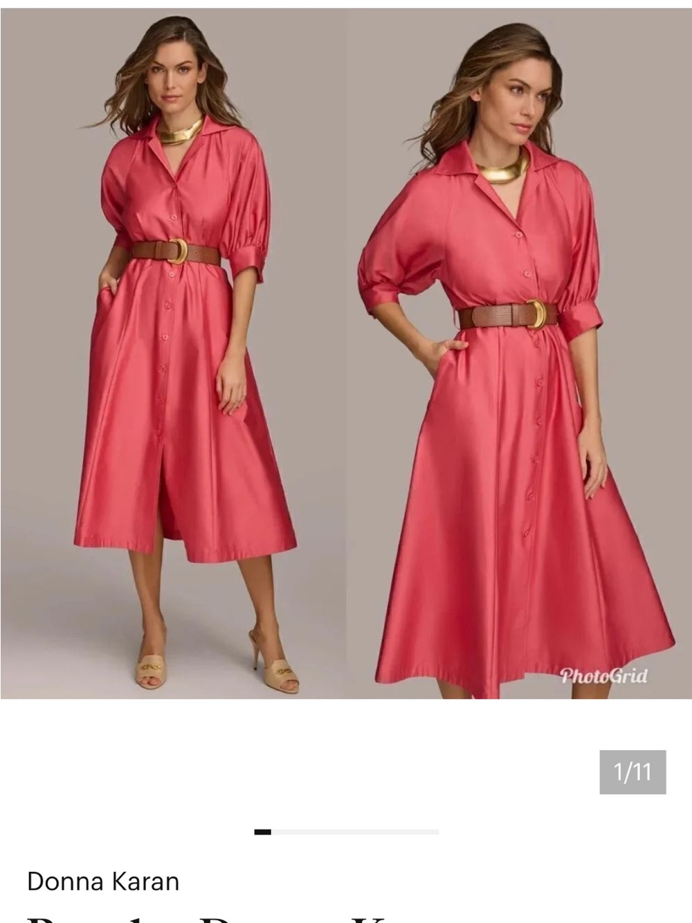Donna Karan Coral-Red Button-Front Midi Shirt Dress